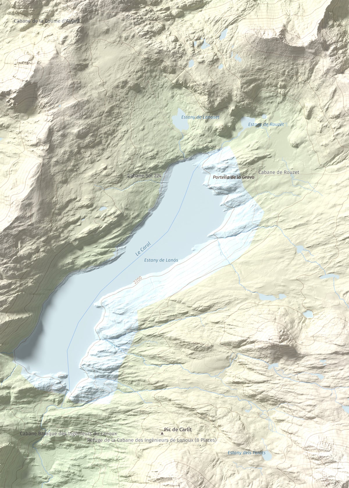 Mapa de relieve de Carlit, 2921 m, Cerdanya Nord, lámina 100 Cims de Trobart. Detalle de la zona superior izquierda. 50 × 70 cm.