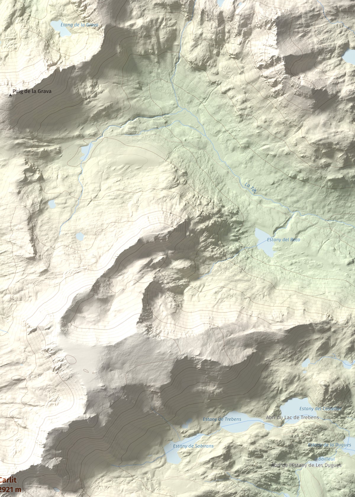 Mapa de relieve de Carlit, 2921 m, Cerdanya Nord, lámina 100 Cims de Trobart. Detalle de la zona superior derecha. 50 × 70 cm.