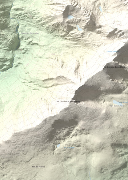 Mapa de relieve de Carlit, 2921 m, Cerdanya Nord, lámina 100 Cims de Trobart. Detalle de la zona inferior izquierda. 50 × 70 cm.