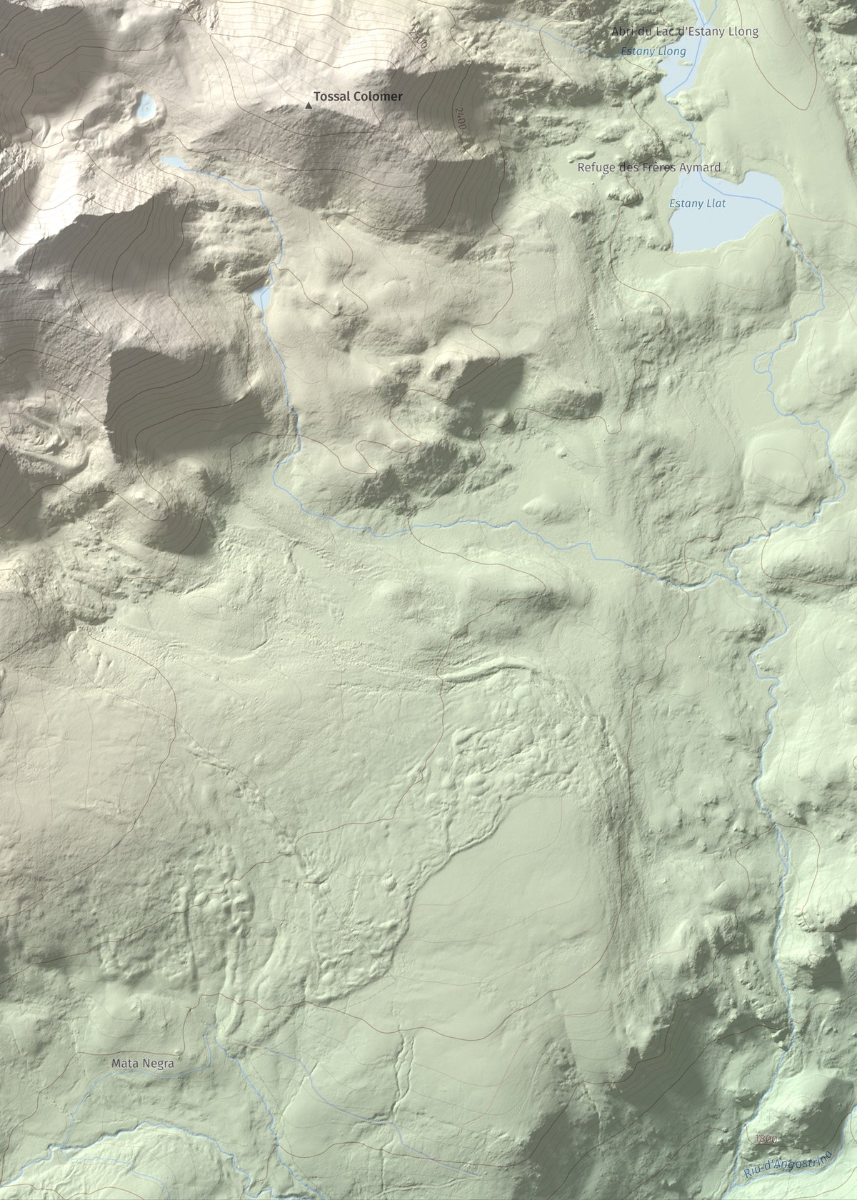 Mapa de relieve de Carlit, 2921 m, Cerdanya Nord, lámina 100 Cims de Trobart. Detalle de la zona inferior derecha. 50 × 70 cm.