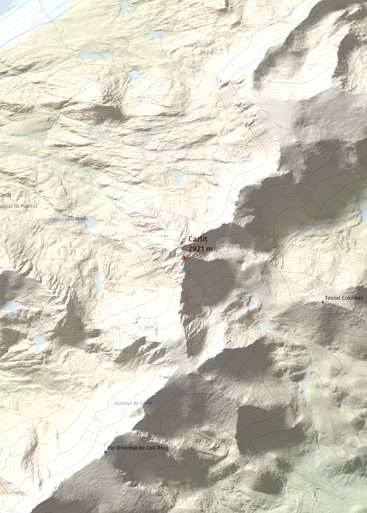 Mapa de relieve de Carlit, 2921 m, Cerdanya Nord, lámina 100 Cims de Trobart. Detalle de la zona central. 50 × 70 cm.