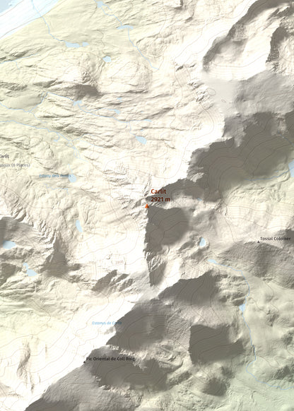 Mapa de relieve de Carlit, 2921 m, Cerdanya Nord, lámina 100 Cims de Trobart. Detalle de la zona central. 50 × 70 cm.