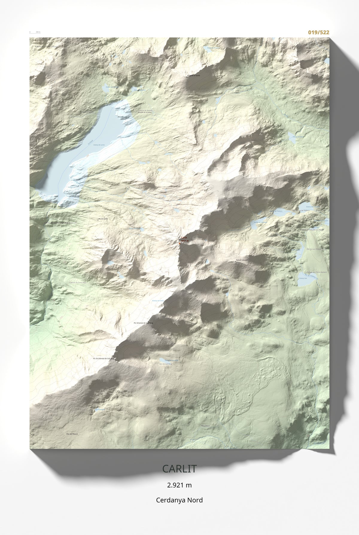 Mapa de relieve de Carlit, 2921 m, Cerdanya Nord, lámina 100 Cims de Trobart 61 × 91 cm.