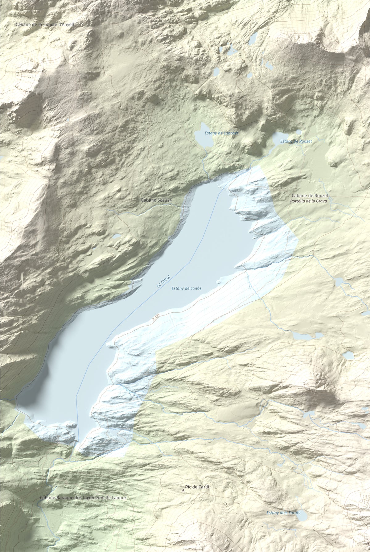 Mapa de relieve de Carlit, 2921 m, Cerdanya Nord, lámina 100 Cims de Trobart. Detalle de la zona superior izquierda. 61 × 91 cm.
