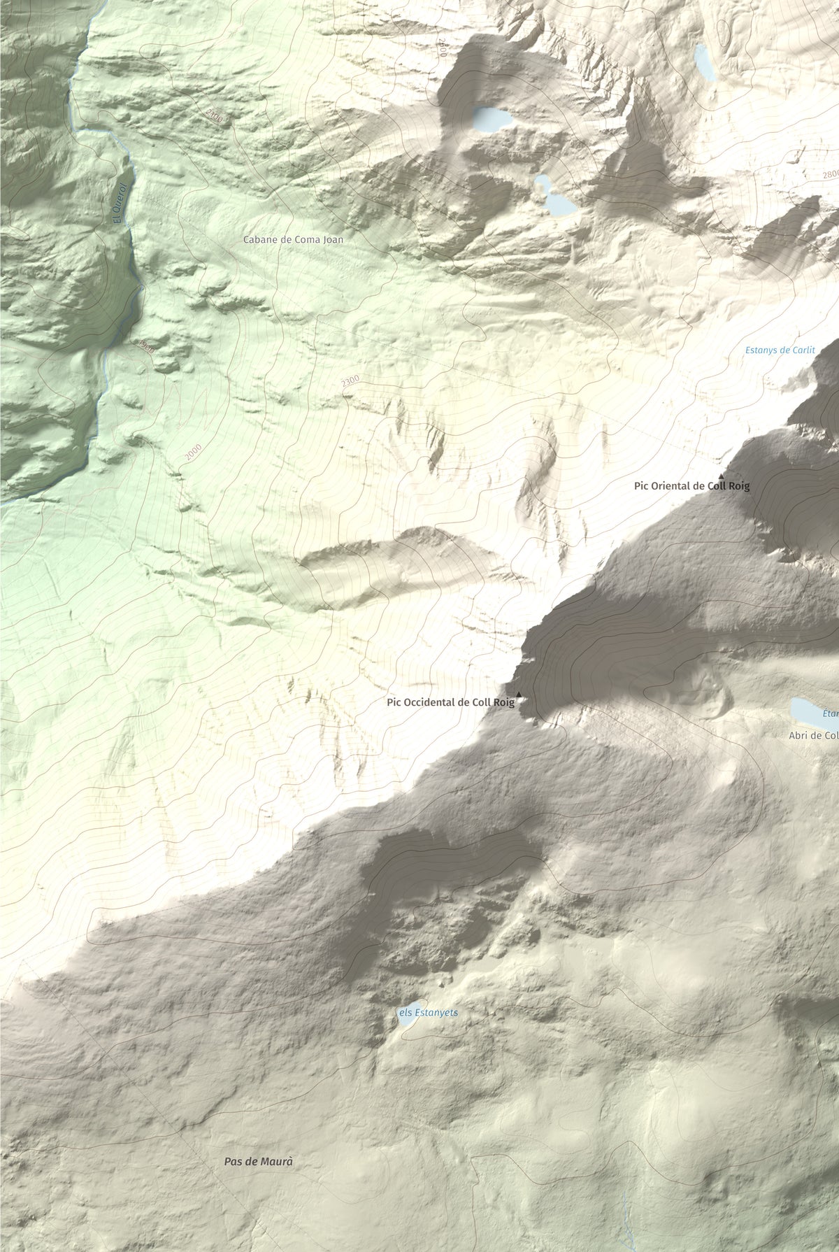 Mapa de relieve de Carlit, 2921 m, Cerdanya Nord, lámina 100 Cims de Trobart. Detalle de la zona inferior izquierda. 61 × 91 cm.