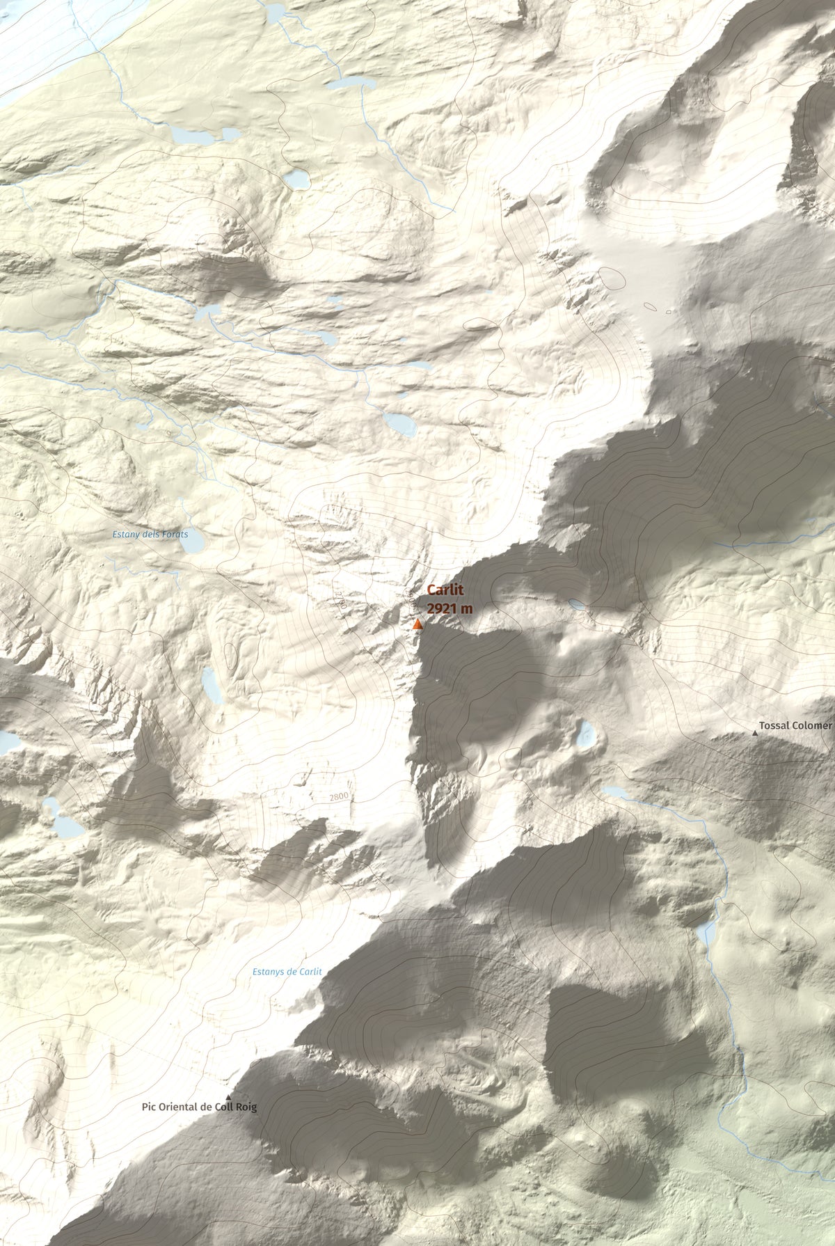 Mapa de relieve de Carlit, 2921 m, Cerdanya Nord, lámina 100 Cims de Trobart. Detalle de la zona central. 61 × 91 cm.