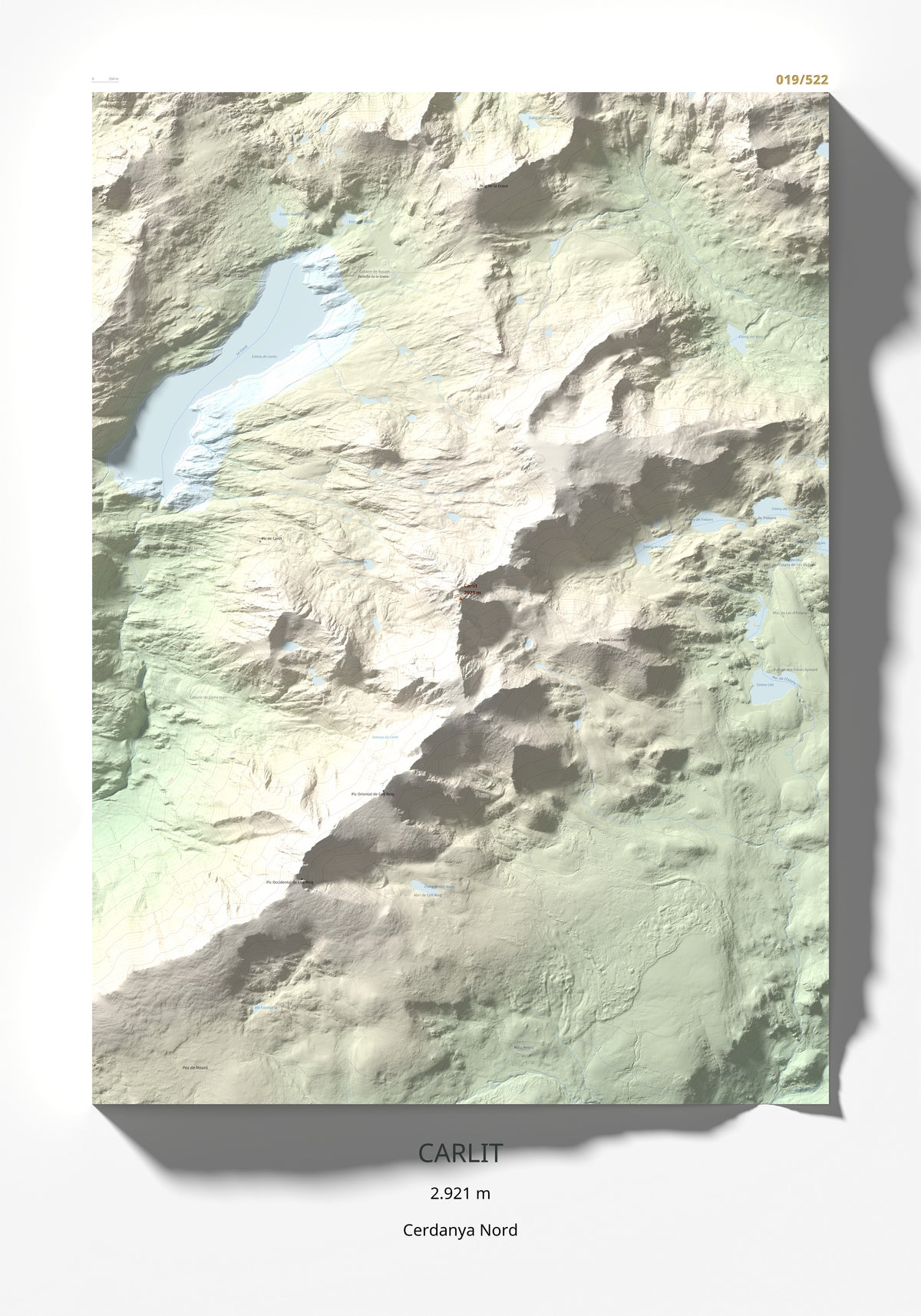 Mapa de relieve de Carlit, 2921 m, Cerdanya Nord, lámina 100 Cims de Trobart 70 × 100 cm.