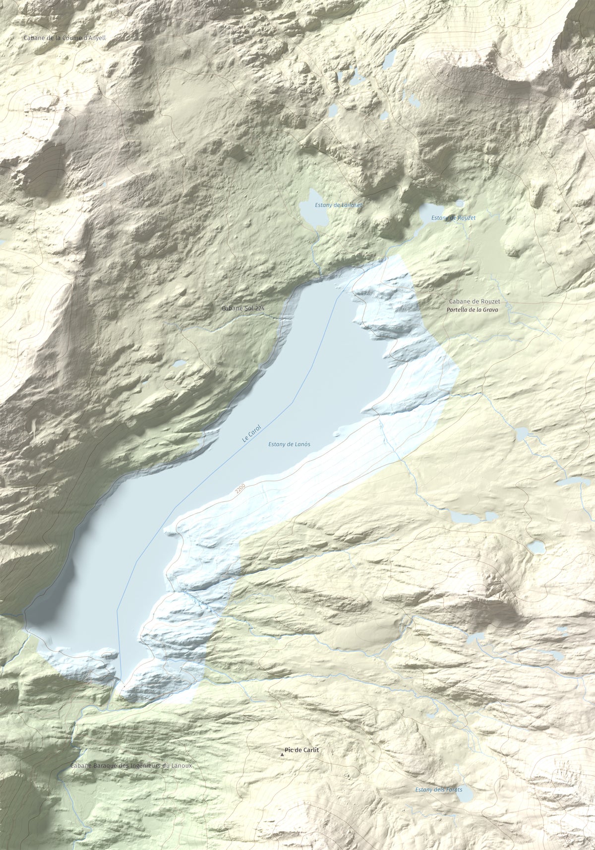 Mapa de relieve de Carlit, 2921 m, Cerdanya Nord, lámina 100 Cims de Trobart. Detalle de la zona superior izquierda. 70 × 100 cm.