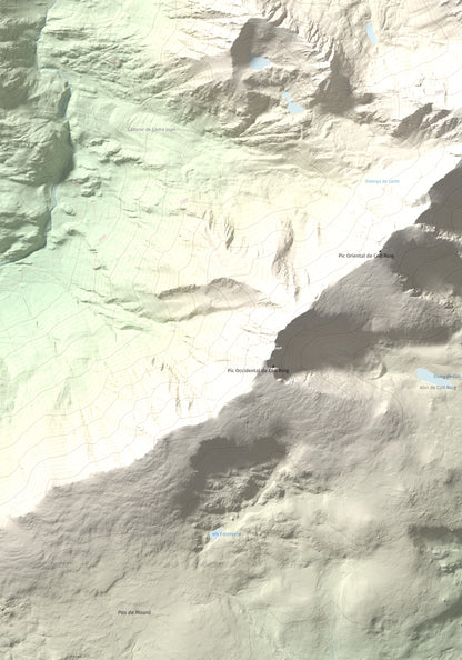Mapa de relieve de Carlit, 2921 m, Cerdanya Nord, lámina 100 Cims de Trobart. Detalle de la zona inferior izquierda. 70 × 100 cm.