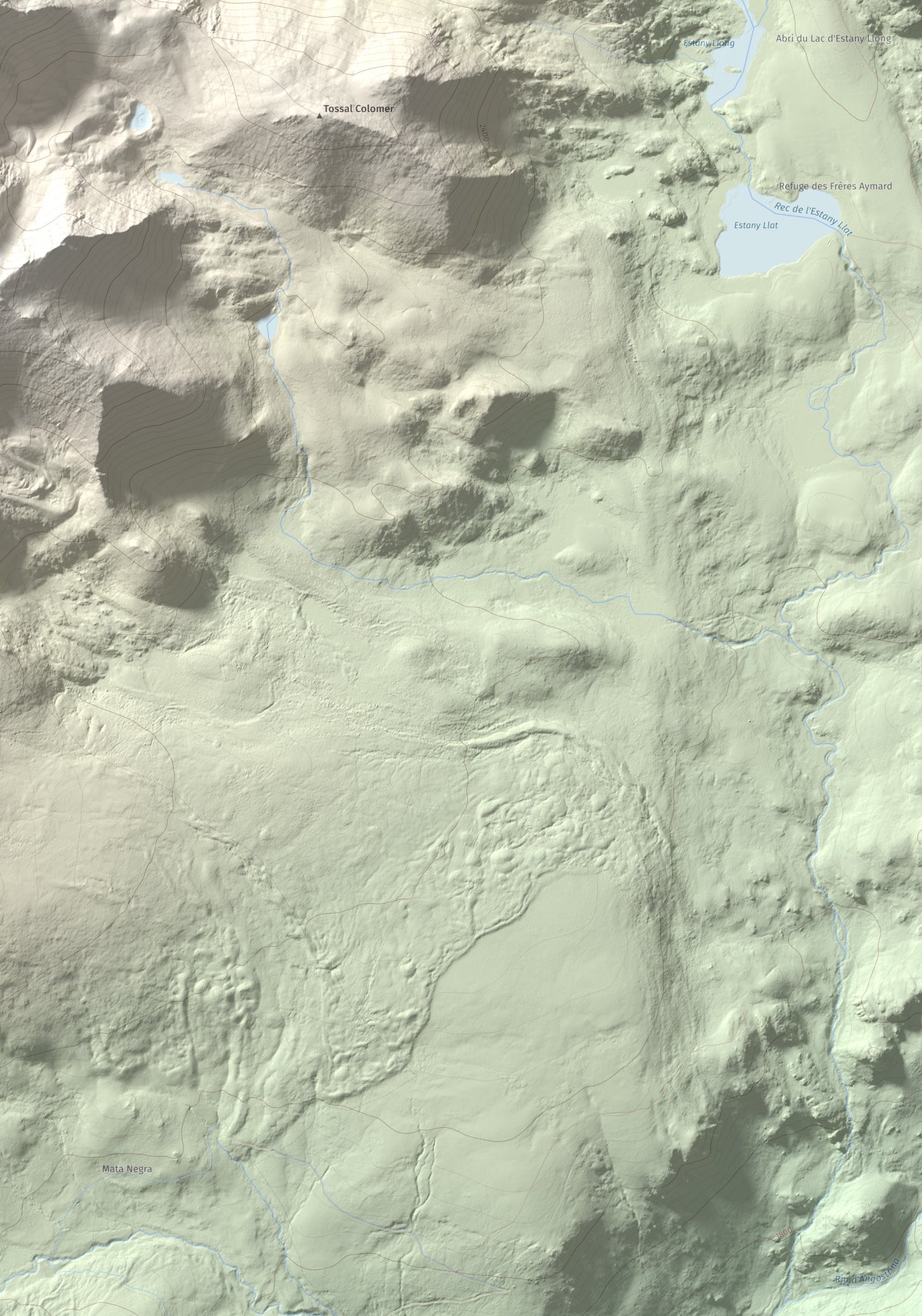 Mapa de relieve de Carlit, 2921 m, Cerdanya Nord, lámina 100 Cims de Trobart. Detalle de la zona inferior derecha. 70 × 100 cm.