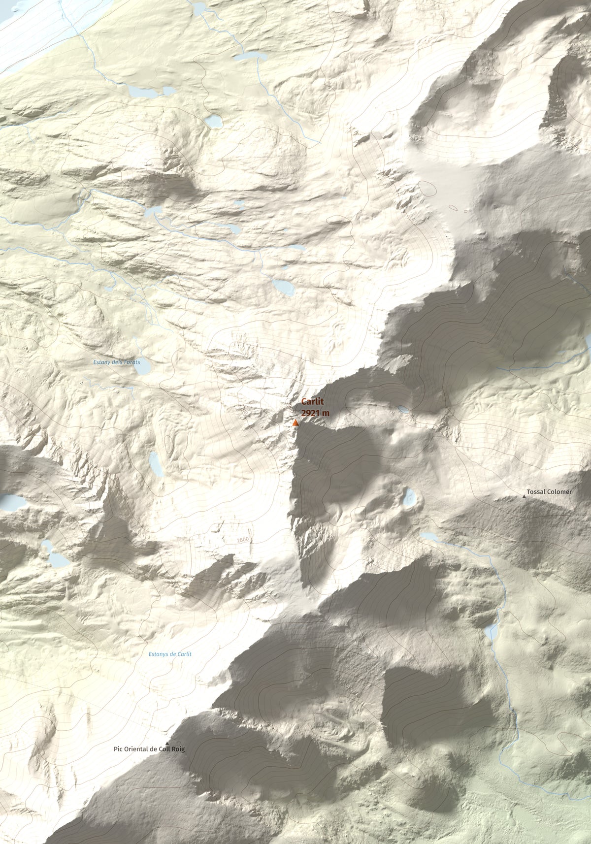 Mapa de relieve de Carlit, 2921 m, Cerdanya Nord, lámina 100 Cims de Trobart. Detalle de la zona central. 70 × 100 cm.