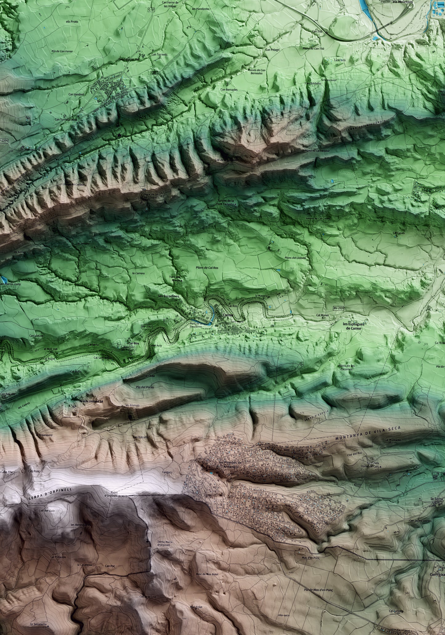 Mapa artístico del relieve de Carme, al Anoia, con 15 km de entorno y base topográfica ICGC. Detalle de la zona central.