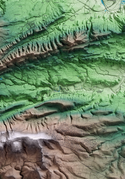 Mapa artístico del relieve de Carme, al Anoia, con 15 km de entorno y base topográfica ICGC. Detalle de la zona central.