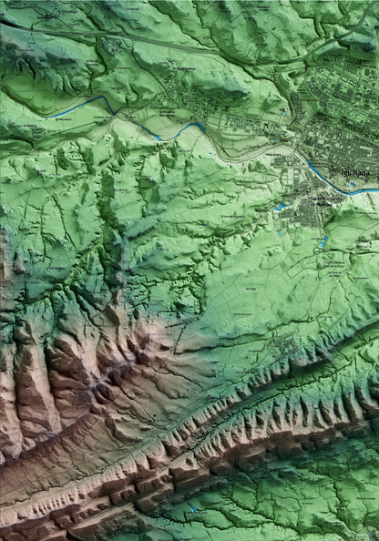 Mapa artístico del relieve de Carme, al Anoia, con 15 km de entorno y base topográfica ICGC. Detalle de la zona superior izquierda.