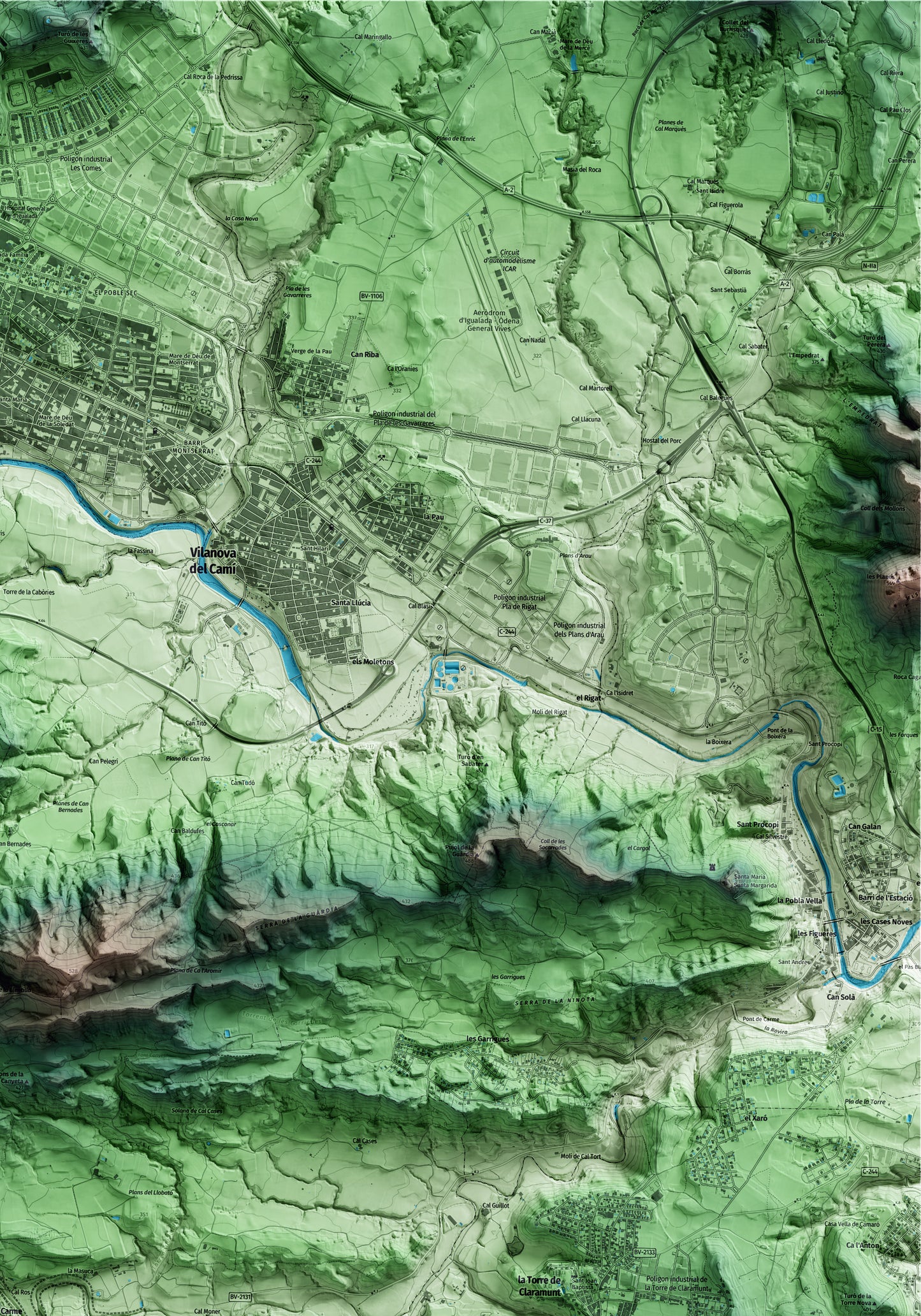 Mapa artístico del relieve de Carme, al Anoia, con 15 km de entorno y base topográfica ICGC. Detalle de la zona superior derecha.