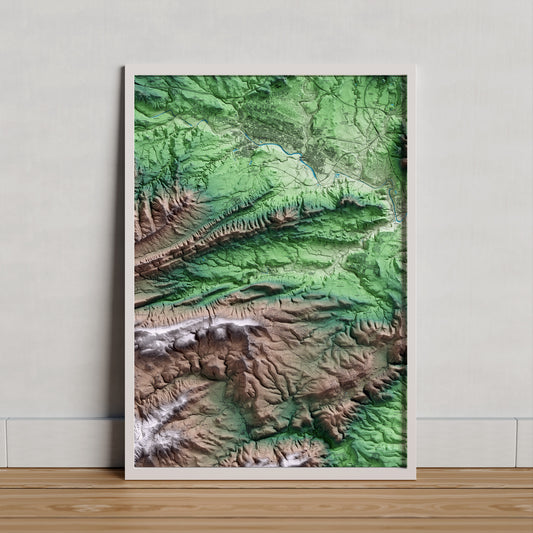 Mapa artístico del relieve de Carme, al Anoia, con 15 km de entorno y base topográfica ICGC. Presentación enmarcada.