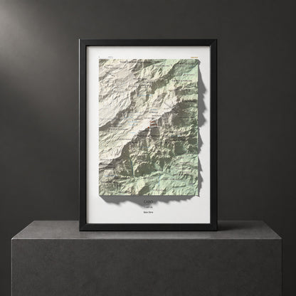 Mapa de relieve de Caro, 1441 m, Baix Ebre, lámina 100 Cims de Trobart. Presentación enmarcada. 21 × 30 cm.