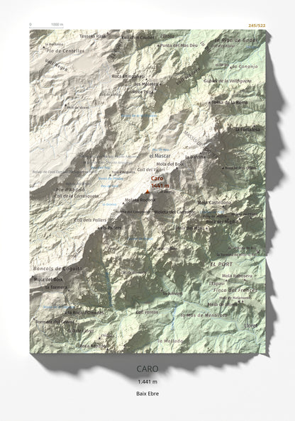 Mapa de relieve de Caro, 1441 m, Baix Ebre, lámina 100 Cims de Trobart 21 × 30 cm.