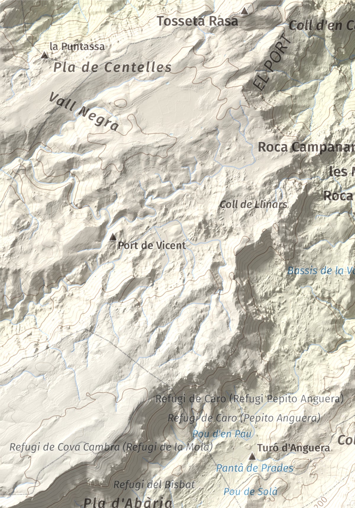 Mapa de relieve de Caro, 1441 m, Baix Ebre, lámina 100 Cims de Trobart. Detalle de la zona superior izquierda. 21 × 30 cm.