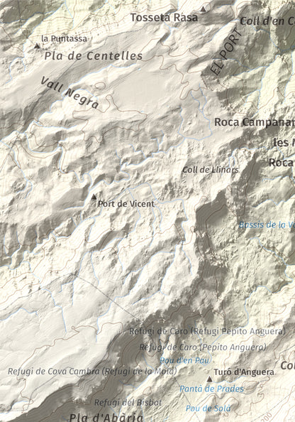 Mapa de relieve de Caro, 1441 m, Baix Ebre, lámina 100 Cims de Trobart. Detalle de la zona superior izquierda. 21 × 30 cm.