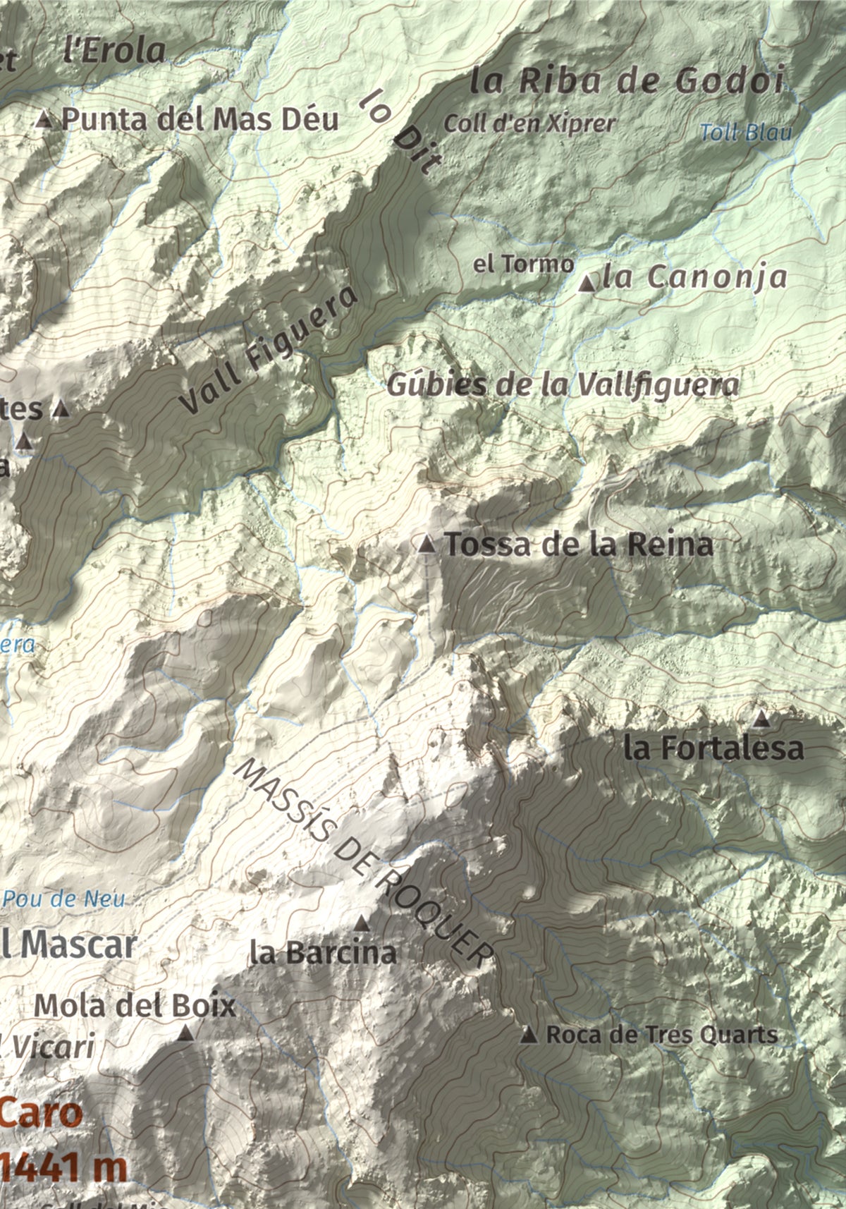 Mapa de relieve de Caro, 1441 m, Baix Ebre, lámina 100 Cims de Trobart. Detalle de la zona superior derecha. 21 × 30 cm.
