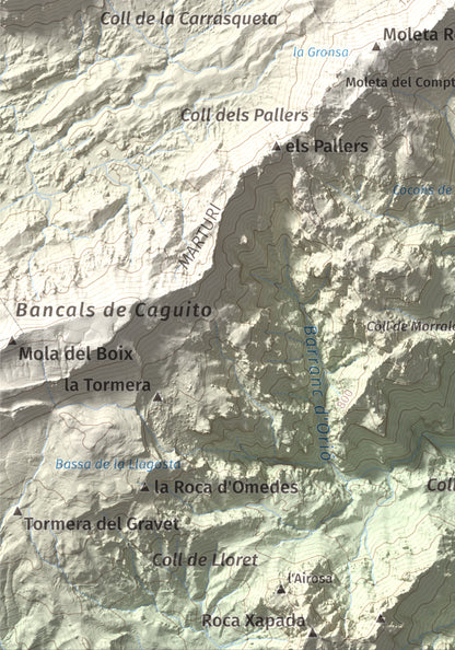Mapa de relieve de Caro, 1441 m, Baix Ebre, lámina 100 Cims de Trobart. Detalle de la zona inferior izquierda. 21 × 30 cm.