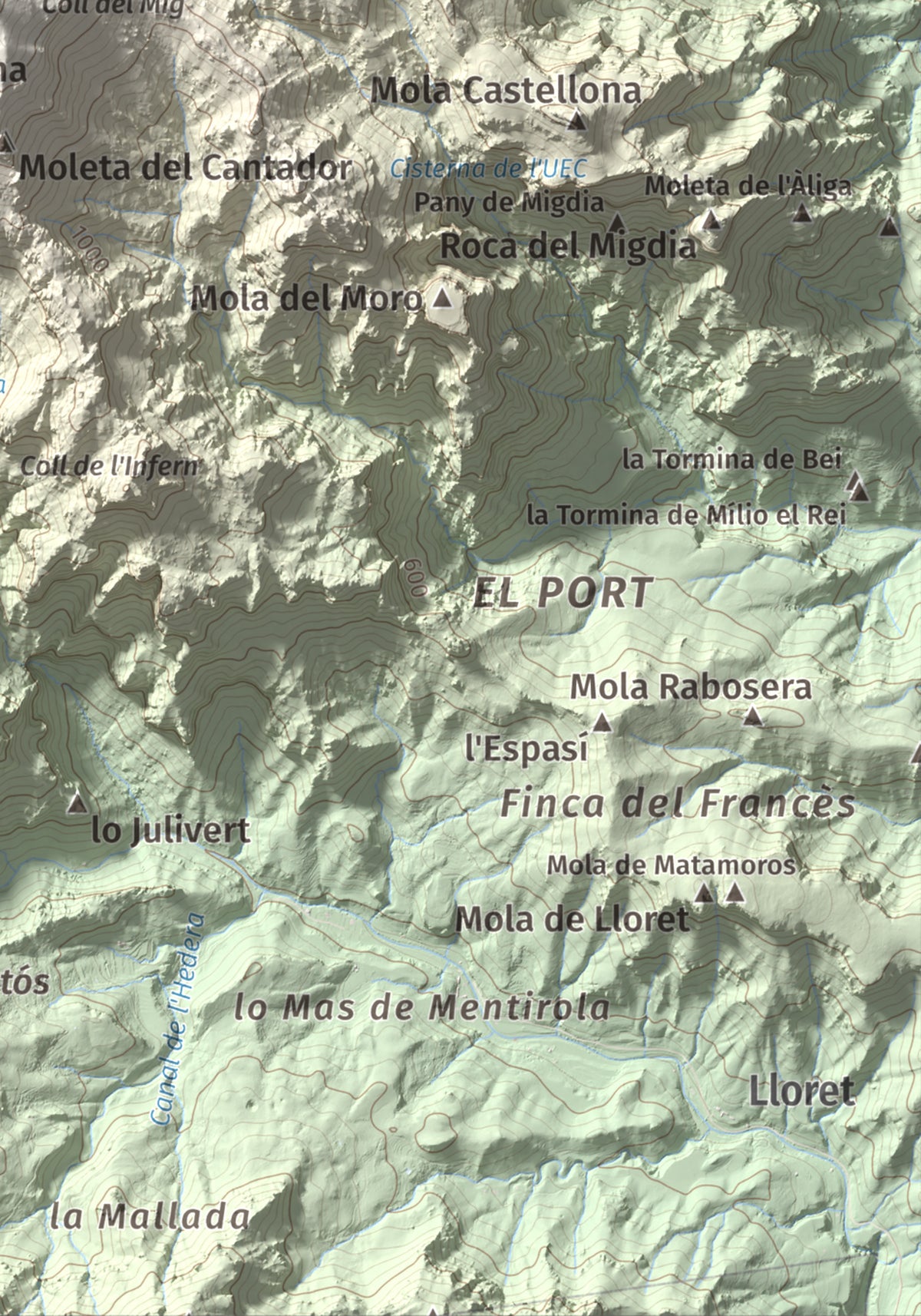Mapa de relieve de Caro, 1441 m, Baix Ebre, lámina 100 Cims de Trobart. Detalle de la zona inferior derecha. 21 × 30 cm.