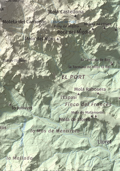 Mapa de relieve de Caro, 1441 m, Baix Ebre, lámina 100 Cims de Trobart. Detalle de la zona inferior derecha. 21 × 30 cm.