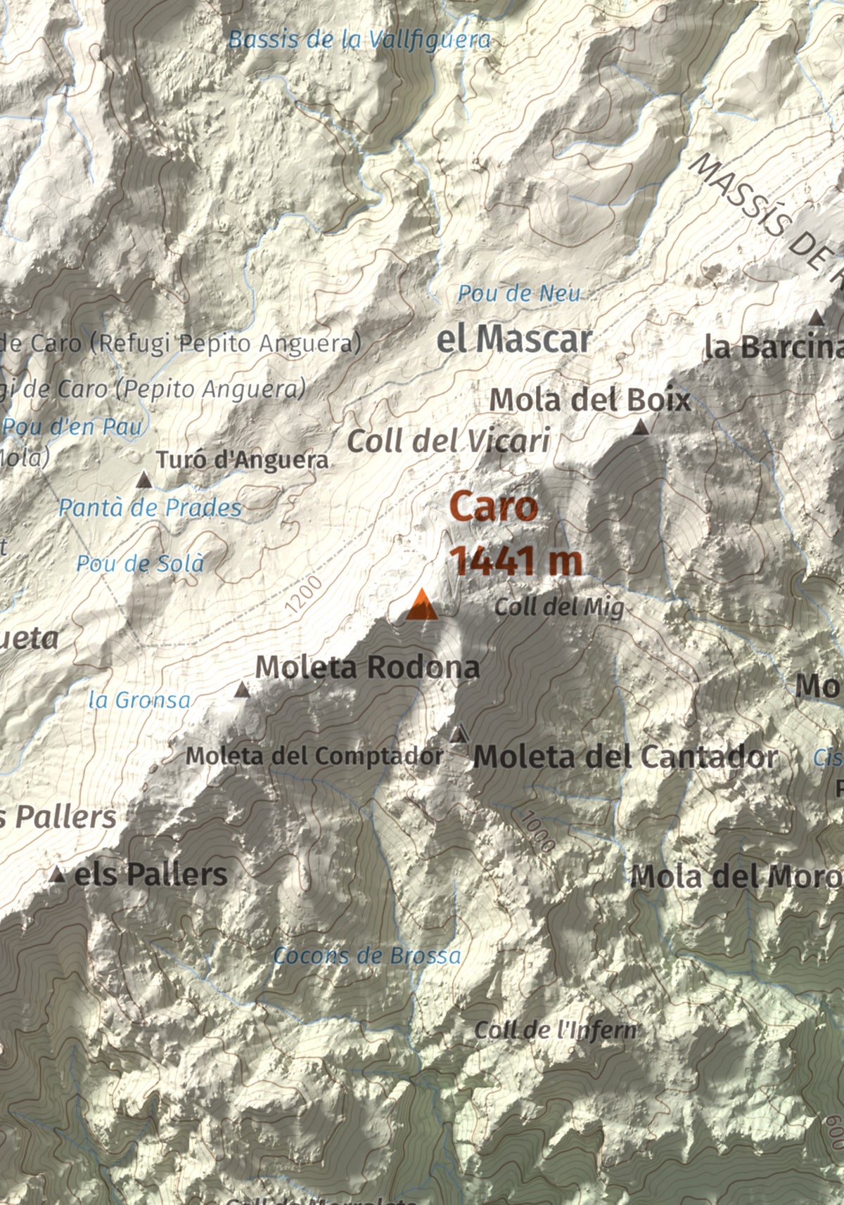 Mapa de relieve de Caro, 1441 m, Baix Ebre, lámina 100 Cims de Trobart. Detalle de la zona central. 21 × 30 cm.