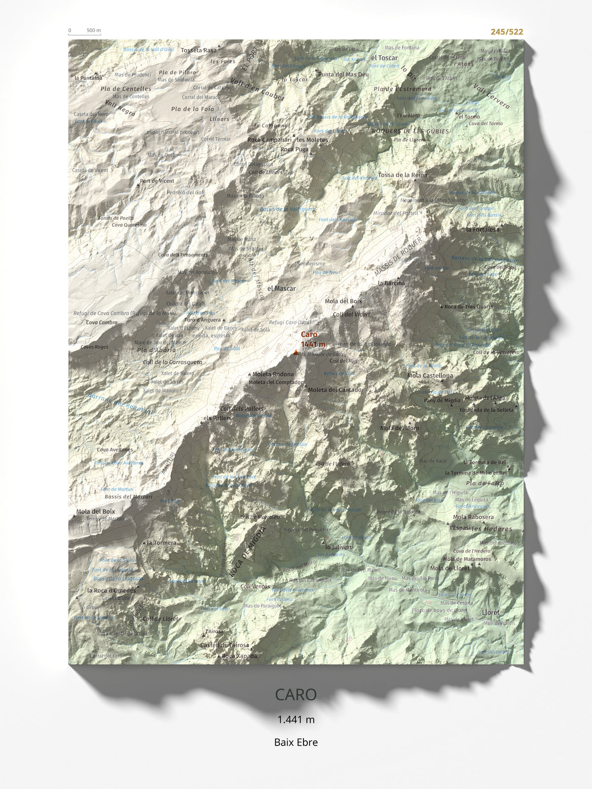 Mapa de relieve de Caro, 1441 m, Baix Ebre, lámina 100 Cims de Trobart 30 × 40 cm.