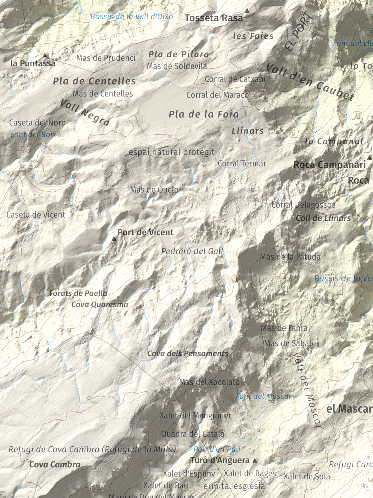 Mapa de relieve de Caro, 1441 m, Baix Ebre, lámina 100 Cims de Trobart. Detalle de la zona superior izquierda. 30 × 40 cm.
