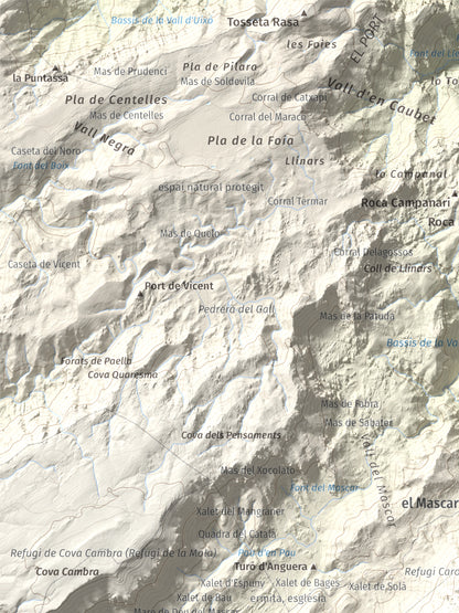 Mapa de relieve de Caro, 1441 m, Baix Ebre, lámina 100 Cims de Trobart. Detalle de la zona superior izquierda. 30 × 40 cm.