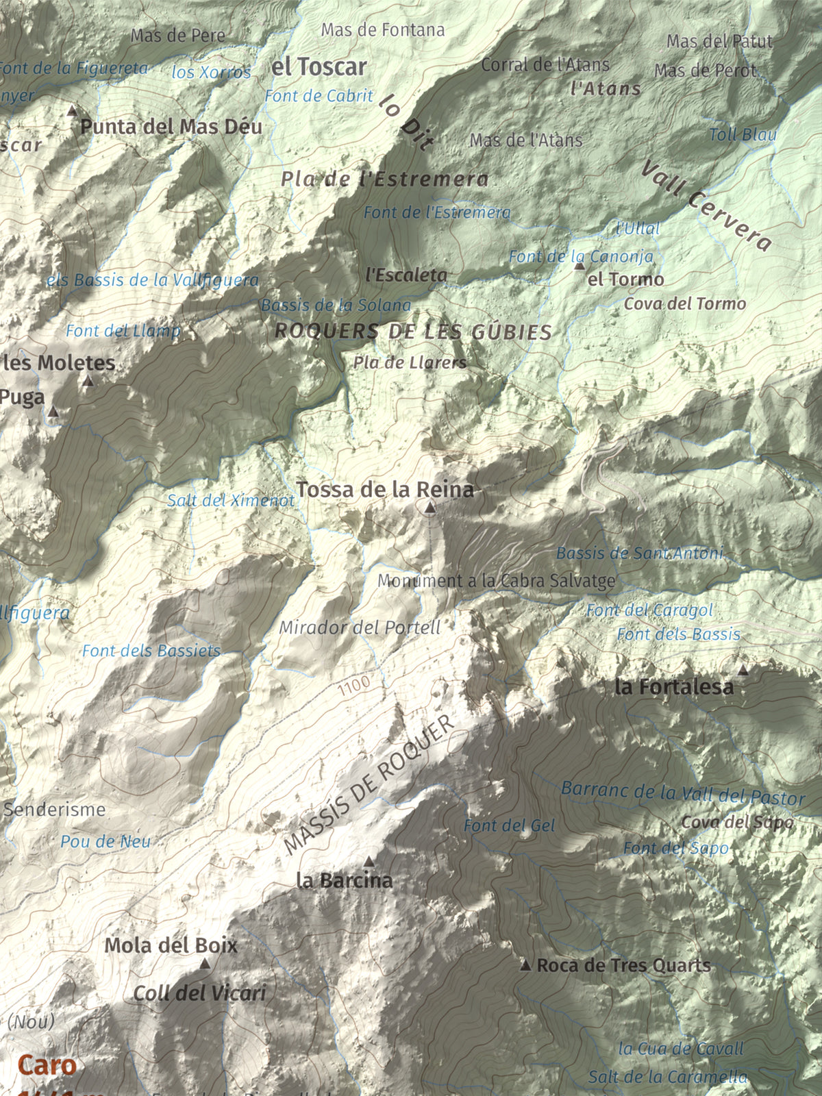 Mapa de relieve de Caro, 1441 m, Baix Ebre, lámina 100 Cims de Trobart. Detalle de la zona superior derecha. 30 × 40 cm.