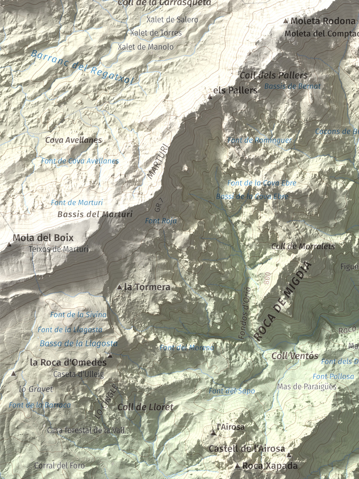 Mapa de relieve de Caro, 1441 m, Baix Ebre, lámina 100 Cims de Trobart. Detalle de la zona inferior izquierda. 30 × 40 cm.