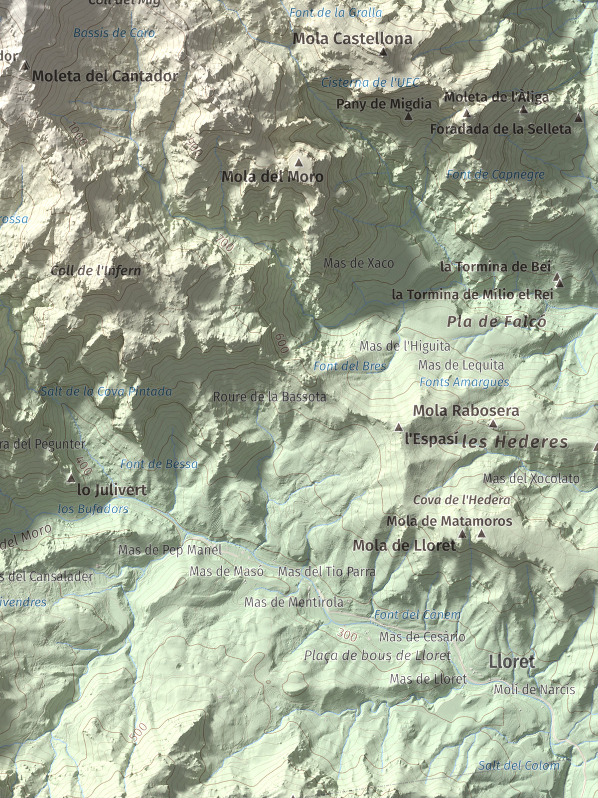 Mapa de relieve de Caro, 1441 m, Baix Ebre, lámina 100 Cims de Trobart. Detalle de la zona inferior derecha. 30 × 40 cm.