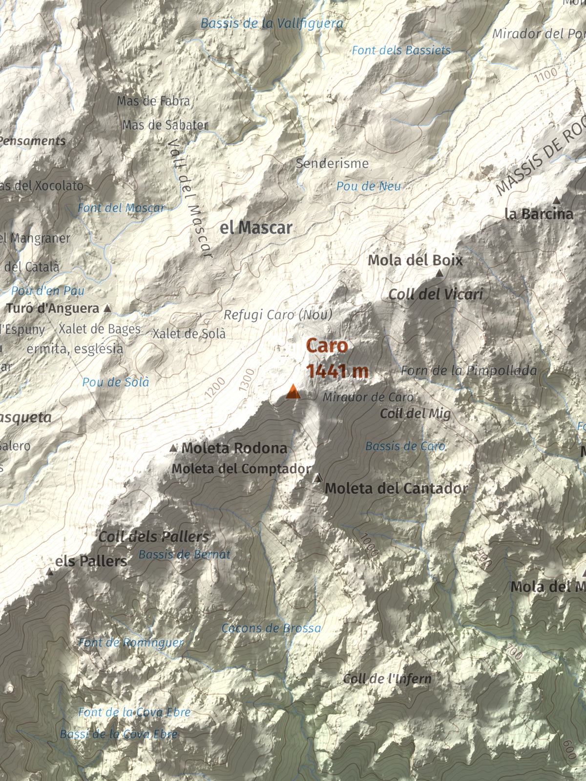 Mapa de relieve de Caro, 1441 m, Baix Ebre, lámina 100 Cims de Trobart. Detalle de la zona central. 30 × 40 cm.