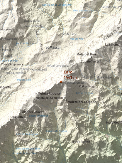 Mapa de relieve de Caro, 1441 m, Baix Ebre, lámina 100 Cims de Trobart. Detalle de la zona central. 30 × 40 cm.