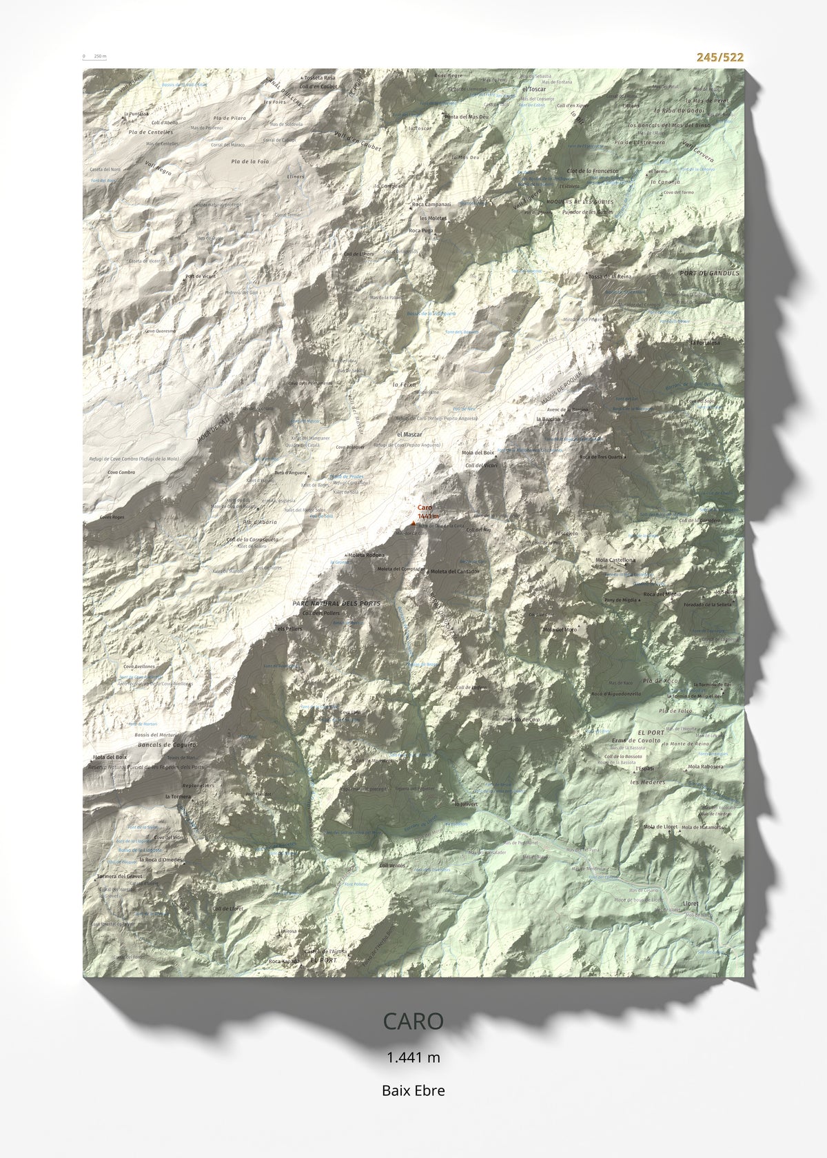 Mapa de relieve de Caro, 1441 m, Baix Ebre, lámina 100 Cims de Trobart 50 × 70 cm.