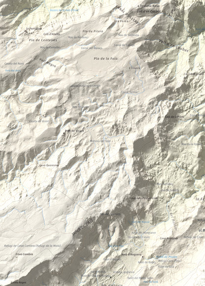 Mapa de relieve de Caro, 1441 m, Baix Ebre, lámina 100 Cims de Trobart. Detalle de la zona superior izquierda. 50 × 70 cm.