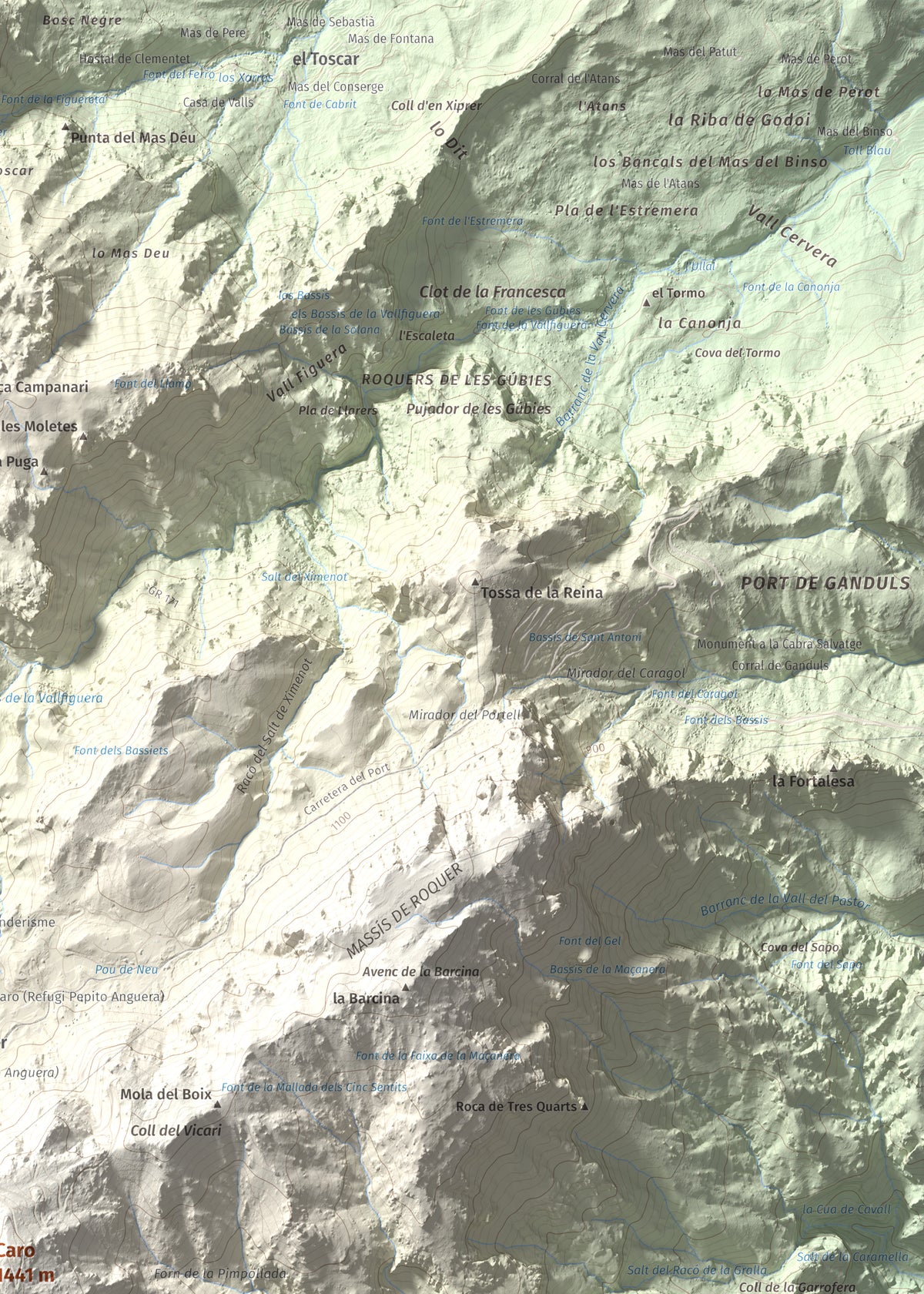 Mapa de relieve de Caro, 1441 m, Baix Ebre, lámina 100 Cims de Trobart. Detalle de la zona superior derecha. 50 × 70 cm.