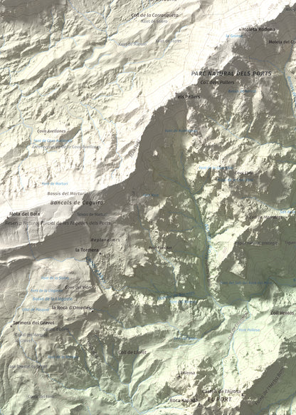 Mapa de relieve de Caro, 1441 m, Baix Ebre, lámina 100 Cims de Trobart. Detalle de la zona inferior izquierda. 50 × 70 cm.