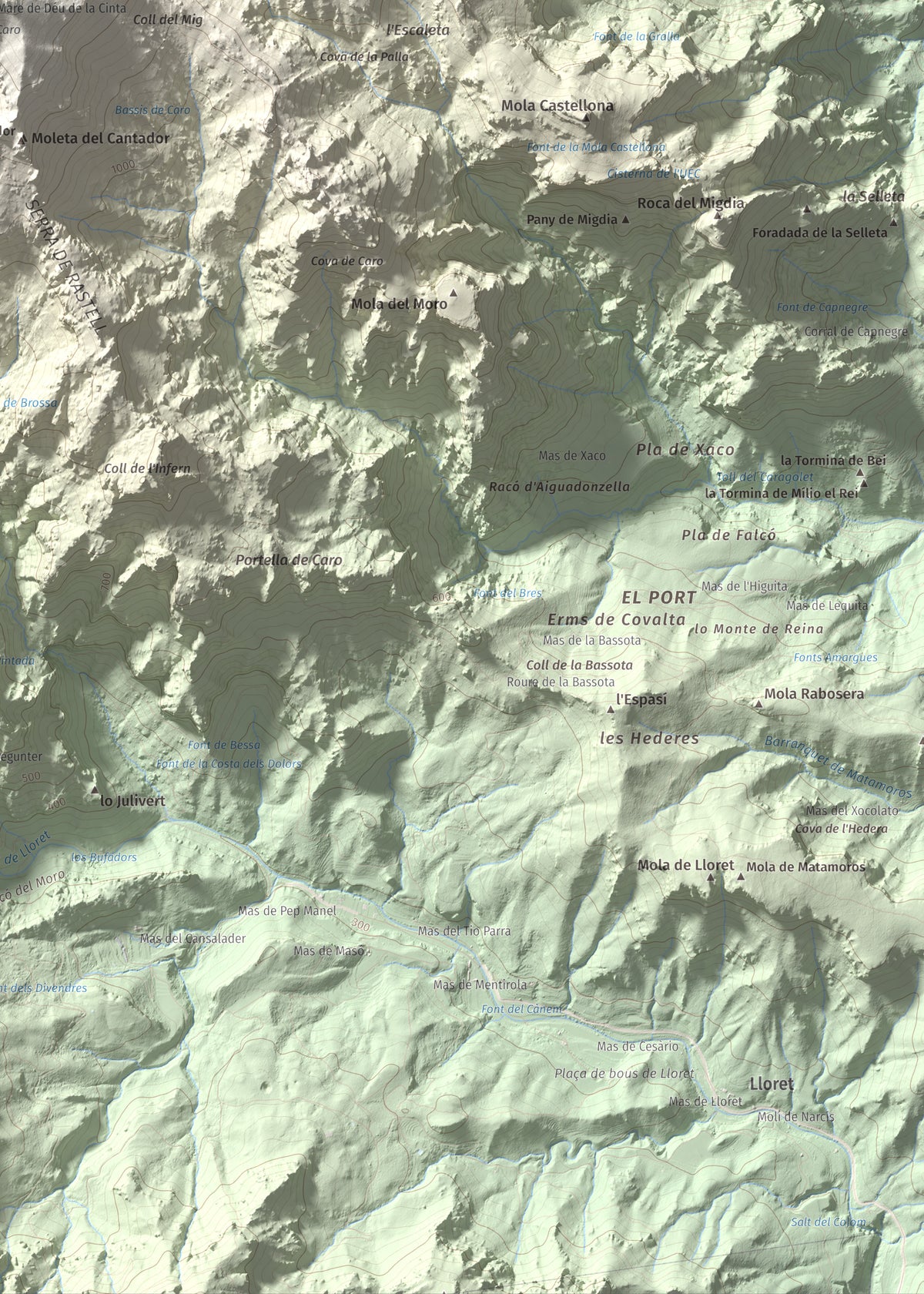 Mapa de relieve de Caro, 1441 m, Baix Ebre, lámina 100 Cims de Trobart. Detalle de la zona inferior derecha. 50 × 70 cm.