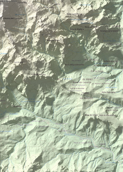 Mapa de relieve de Caro, 1441 m, Baix Ebre, lámina 100 Cims de Trobart. Detalle de la zona inferior derecha. 50 × 70 cm.