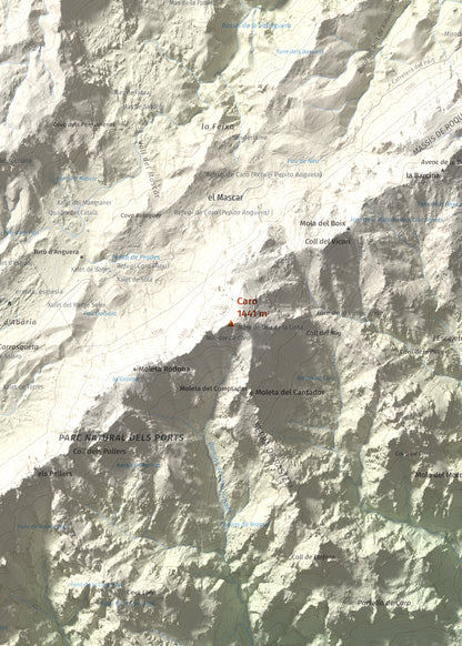 Mapa de relieve de Caro, 1441 m, Baix Ebre, lámina 100 Cims de Trobart. Detalle de la zona central. 50 × 70 cm.