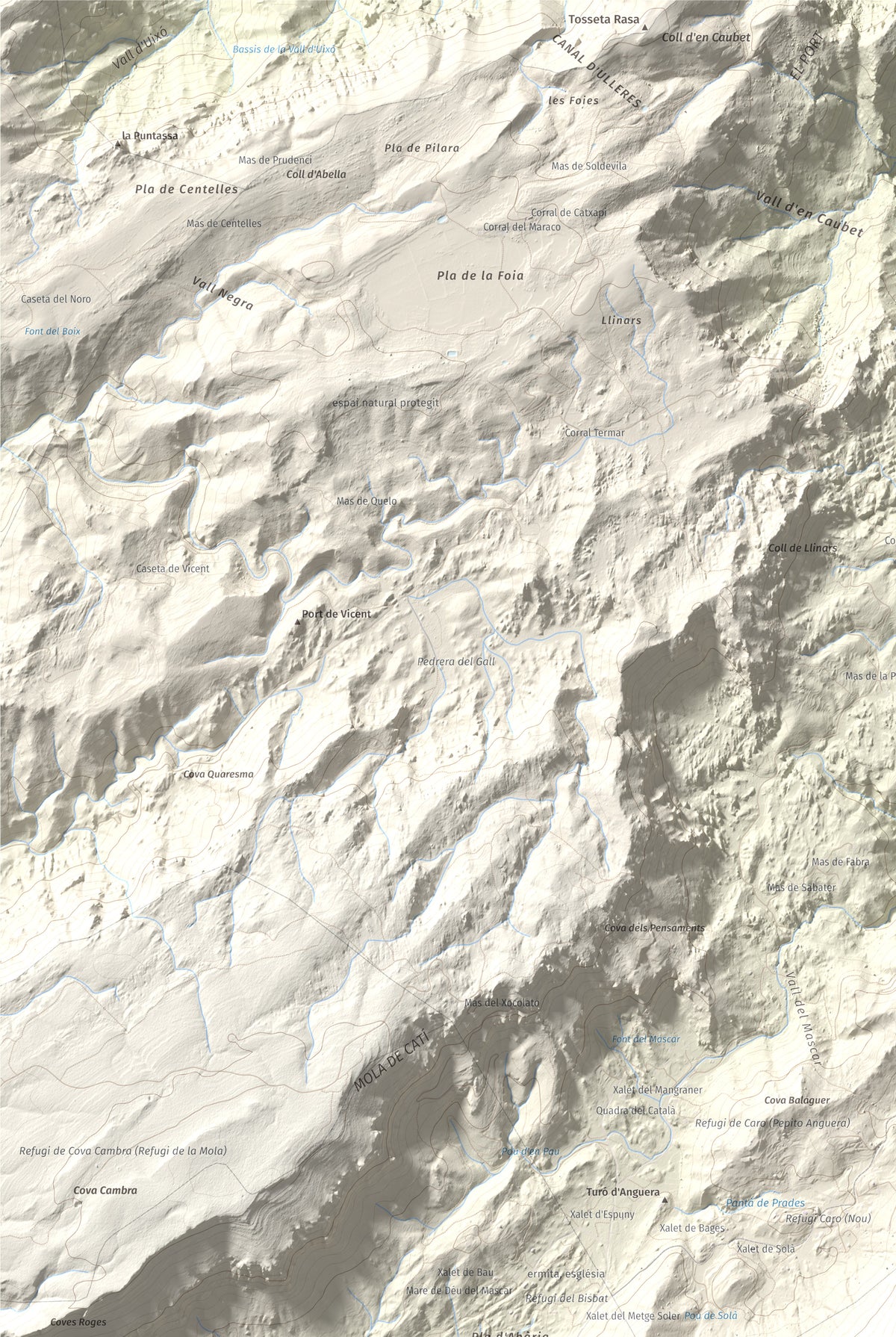 Mapa de relieve de Caro, 1441 m, Baix Ebre, lámina 100 Cims de Trobart. Detalle de la zona superior izquierda. 61 × 91 cm.