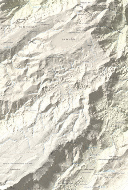 Mapa de relieve de Caro, 1441 m, Baix Ebre, lámina 100 Cims de Trobart. Detalle de la zona superior izquierda. 61 × 91 cm.