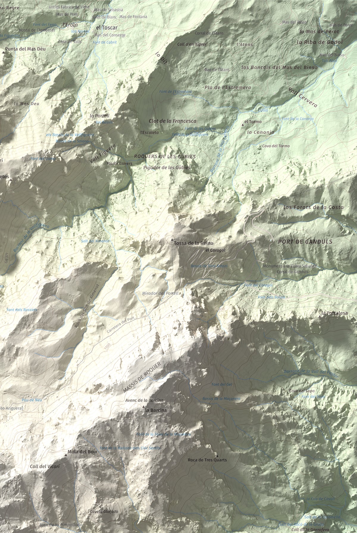 Mapa de relieve de Caro, 1441 m, Baix Ebre, lámina 100 Cims de Trobart. Detalle de la zona superior derecha. 61 × 91 cm.