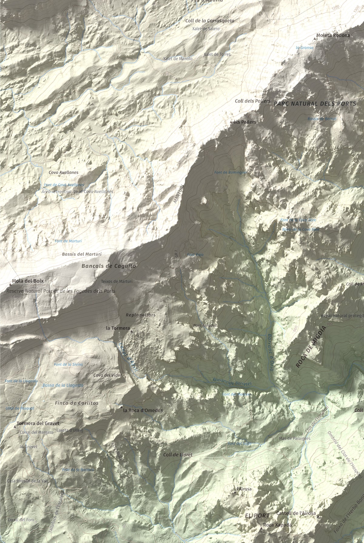 Mapa de relieve de Caro, 1441 m, Baix Ebre, lámina 100 Cims de Trobart. Detalle de la zona inferior izquierda. 61 × 91 cm.