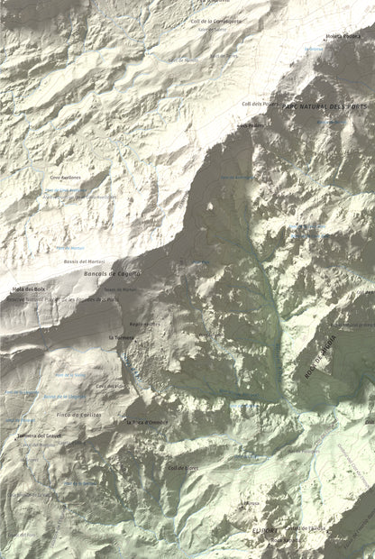 Mapa de relieve de Caro, 1441 m, Baix Ebre, lámina 100 Cims de Trobart. Detalle de la zona inferior izquierda. 61 × 91 cm.