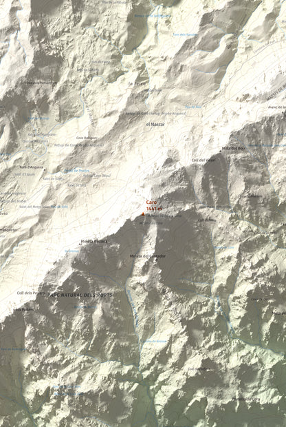 Mapa de relieve de Caro, 1441 m, Baix Ebre, lámina 100 Cims de Trobart. Detalle de la zona central. 61 × 91 cm.